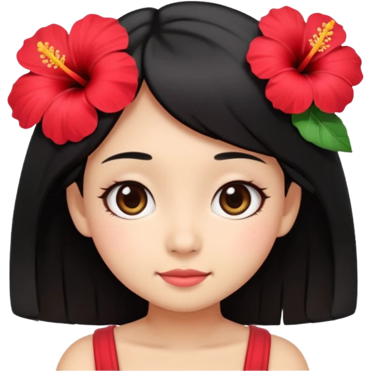 cute emoji-style girl face inspired by Lilo, big round eyes, soft smile, tan skin, straight black hair, red hibiscus flower on left, kawaii, minimal, pastel emoji