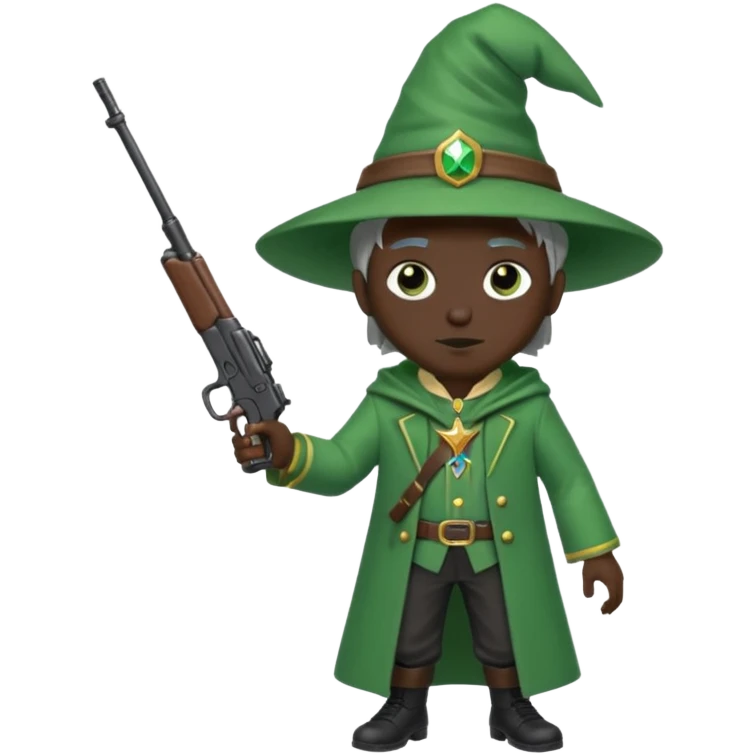 A wizard 🧙 wearing green clothes, with black skin, holding a pistol 🔫 and a rifle emoji