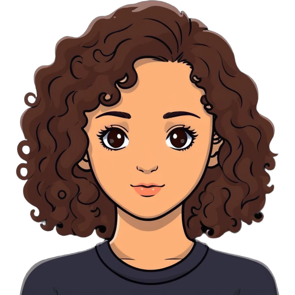 young woman with long curly brown hair, hazel eyes, long eyelashes emoji