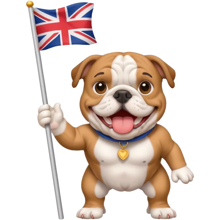 english bulldog waving a small tour flag, smiling emoji