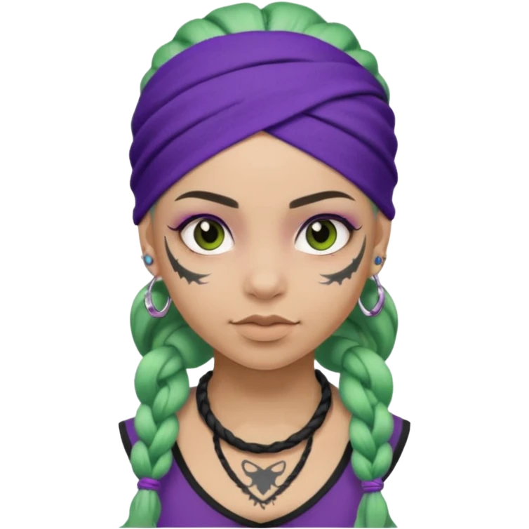 green braided hair with purple head bandana and lots of face tattoo girl emoji
