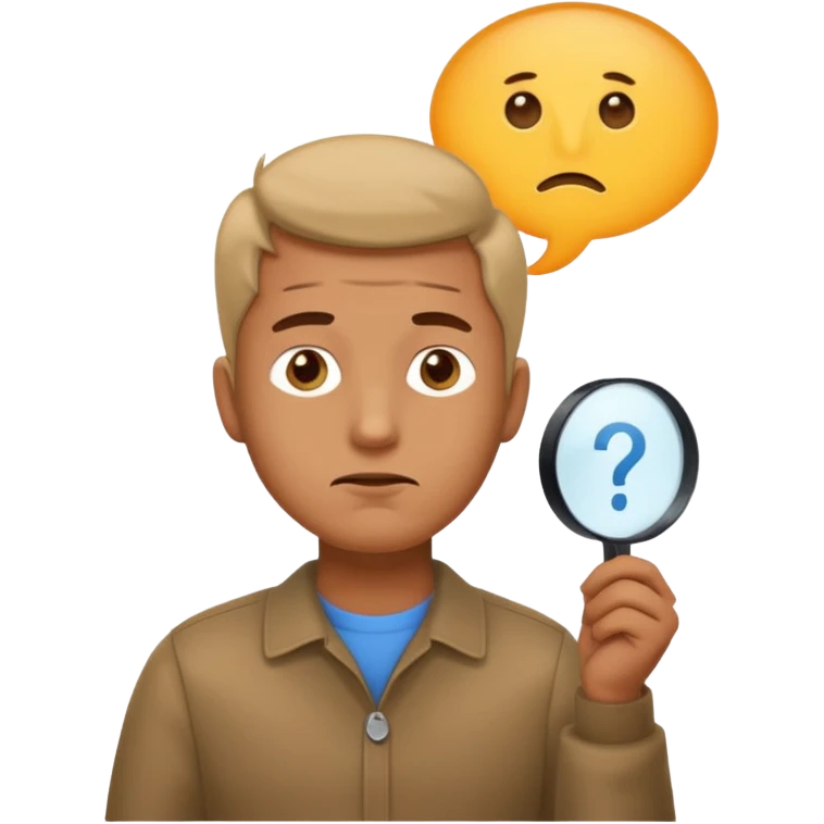 Realistic emoji-style man in simple everyday clothes, looking thoughtful and analytical. A thought bubble above his head shows a critical-thinking icon (question mark + magnifying glass). Soft lighting, expressive critical facial expression. emoji