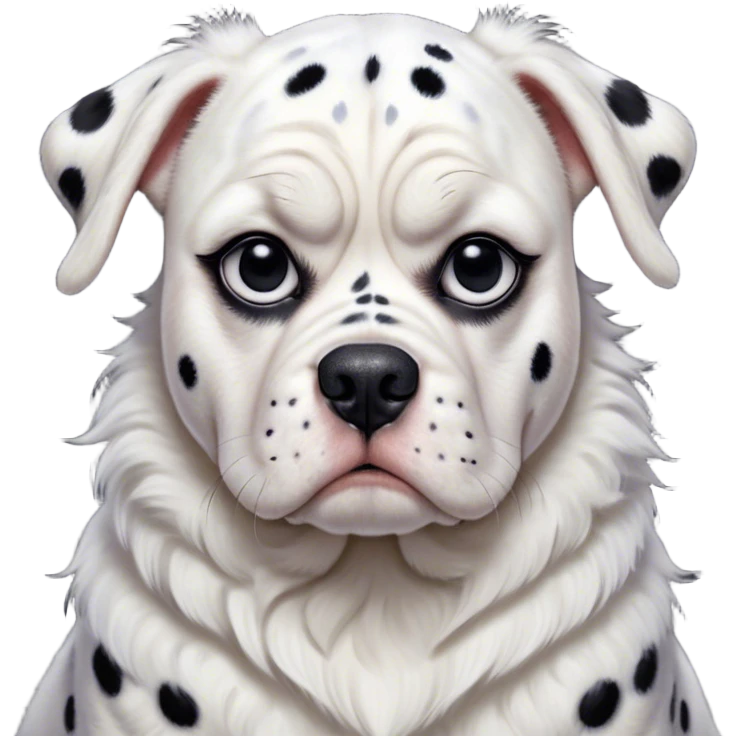 Cinematic Meme-Worthy Grumpy Dalmatian Portrait Emoji, Head held high but eyes filled with dramatic disappointment, smooth white fur speckled with striking black spots, deeply furrowed brow forming an unmistakable scowl, floppy ears slightly angled back in disapproval, piercing dark eyes glaring with pure exasperation, Simplified yet hilariously over-exaggerated features, highly detailed, glowing with an aura of supreme annoyance, high shine, exhausted yet judgmental, stylized with an almost regal pettiness, bright but brooding, soft glowing outline, capturing the essence of a companion that has seen it all and is thoroughly unimpressed, so meme-worthy it feels like it could instantly become the next viral sensation of grumpiness! emoji