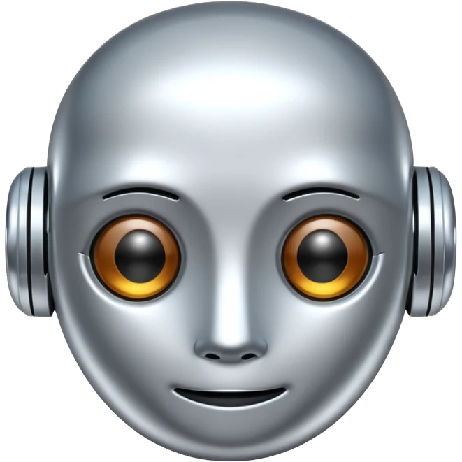 A cute futuristic robot emoji made of silver chrome, rounded friendly body, minimal facial features, glossy metallic surface, soft reflections, iOS emoji style, centered, clean white background emoji