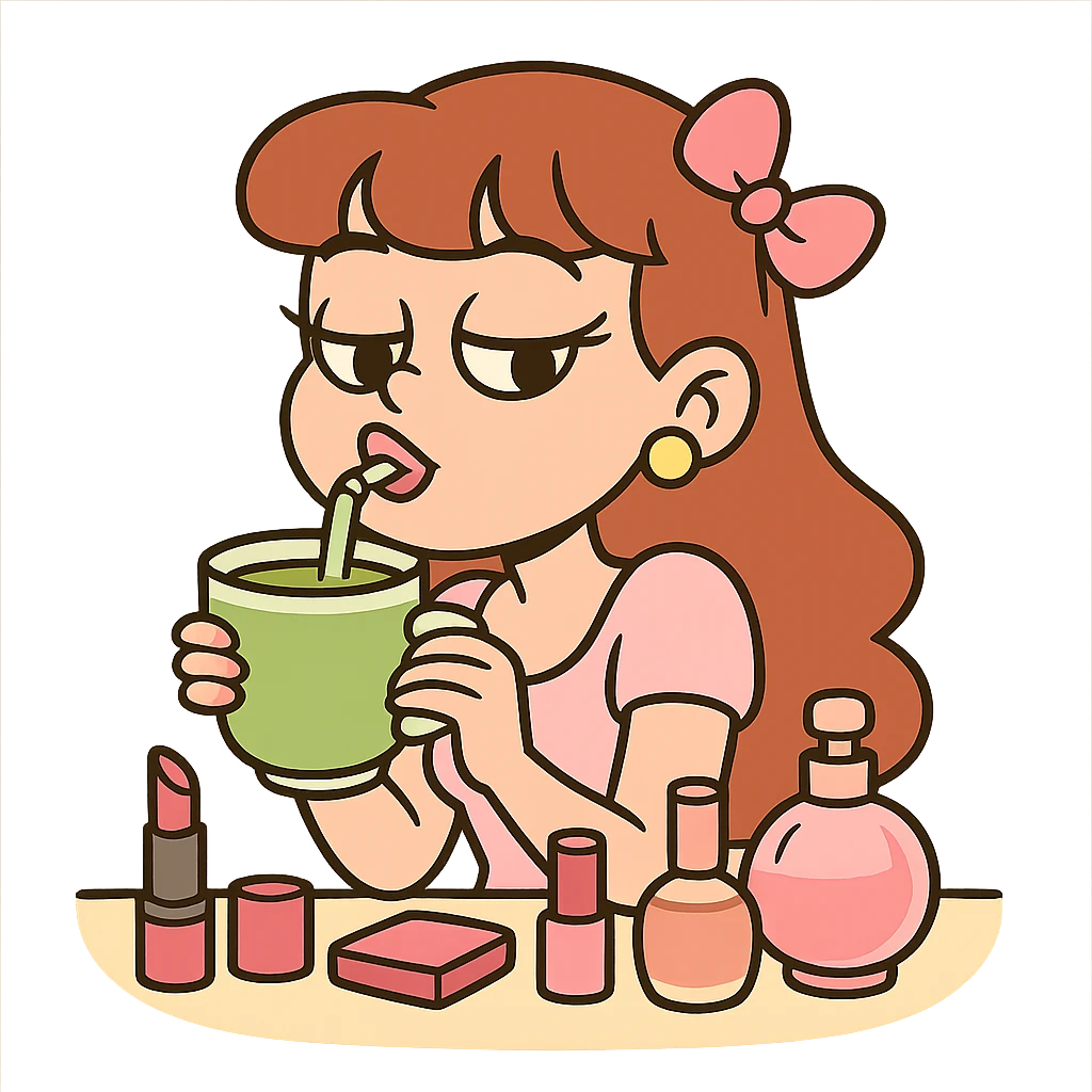 girly girl sipping matcha, surrounded by makeup and perfume emoji