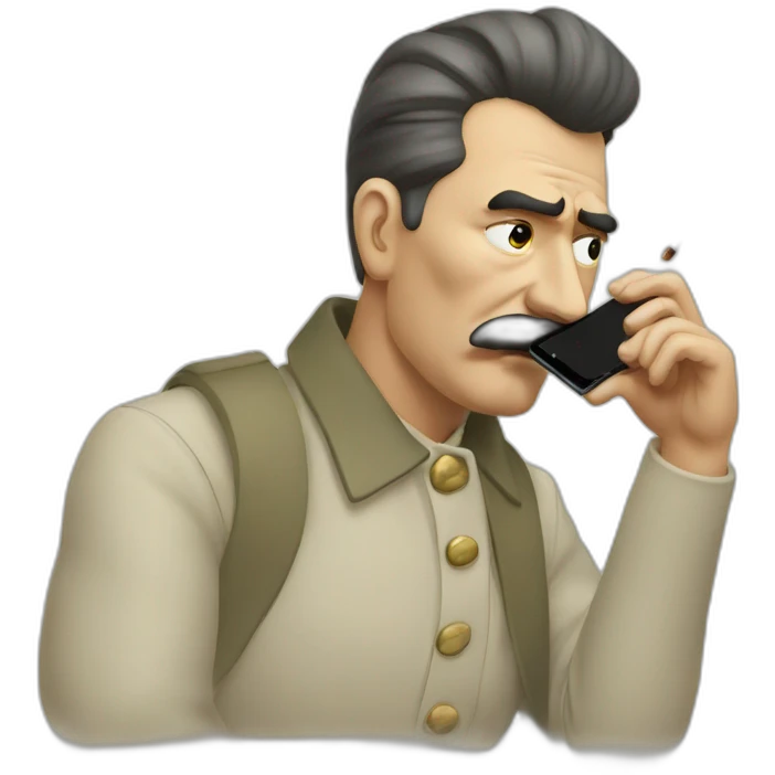 Depressed looking stalin looking at social media on phone and smoking a cigarette emoji
