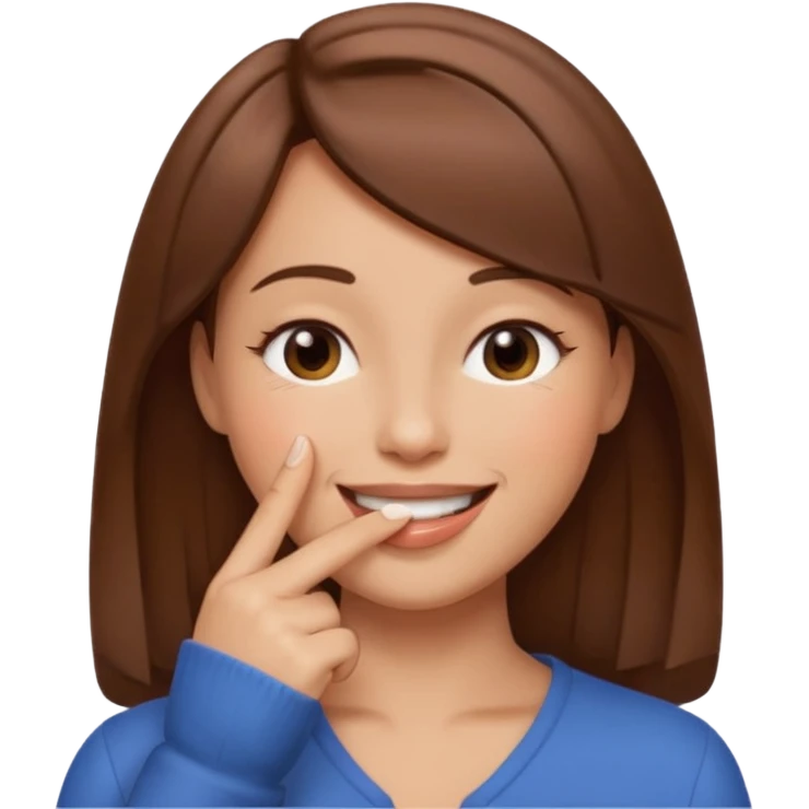 una mujer con un dedo en boca sonriendo y lps ojos en forma medio cerrados creando una curva de sonrisa pelo castaño emoji