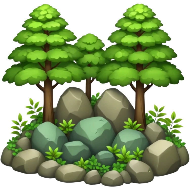 A bright forest clearing with layered bushes and scattered rocks. emoji