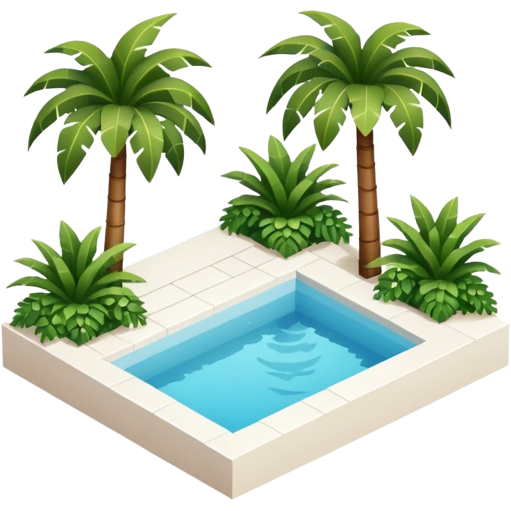 Luxurious white pool with isometric bushes, tropical palms emoji
