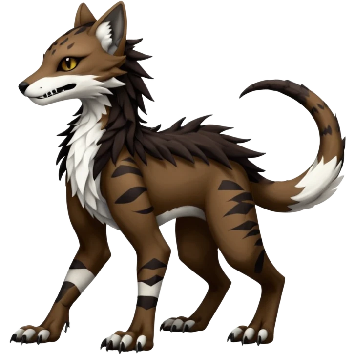 Brown and black and white fantasy feline-vernid-sergal-protogen-primagen-fursona animal creature with a tufted tail full body with intricate markings  emoji