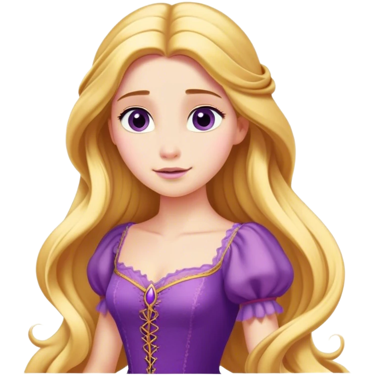 Cinematic Majestic Rapunzel Portrait Emoji, rendered in a clean, vector-style with bold, simplified shapes. Show Rapunzel with a serene, graceful expression, luminous fair skin, and elegantly styled long golden hair, accented by her classic purple gown. The design radiates a majestic, dreamlike glow with high shine and a soft glowing outline, embodying regal beauty. emoji