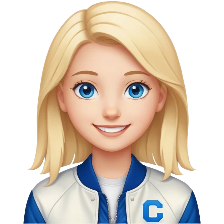 smiling girl in letterman jacket Blue eyes emoji