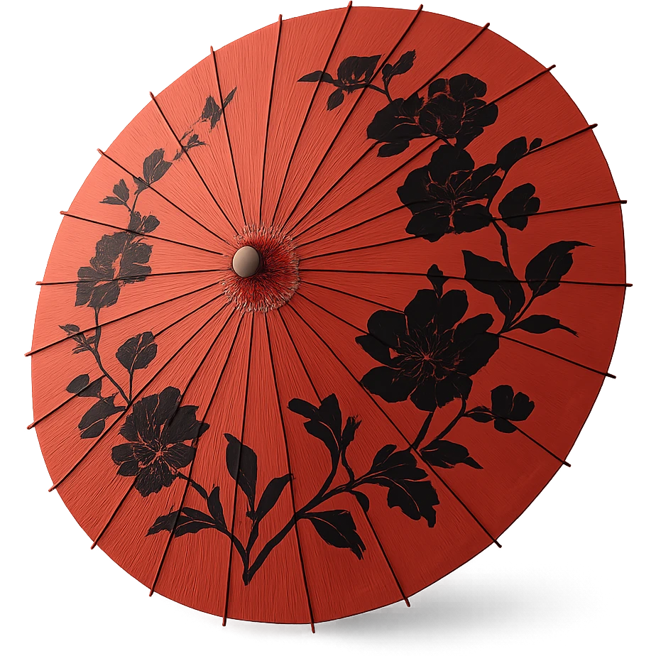 red Chinese parasol with black flowers, elegant and detailed, clean background, focus on the parasol shape and floral pattern emoji
