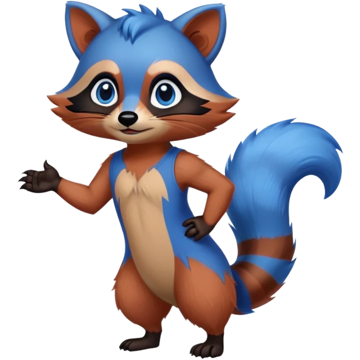 An anthropomorphic red raccoon with blue hair, eyes, and tail tip. The front and back paws are black with white claws with a dick.  emoji