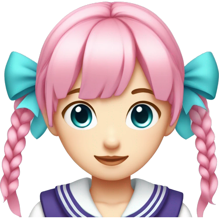 1 girl,light Pink hair, purple eyes,short high twintails with red hair ribbon,cyan blue  and white top Sailor uniform with cyan blue  sailor collar, emoji