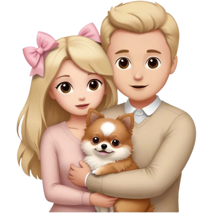 Blond girl with old money beige outfit white brown eye skin with husband brown hair brown eyes hugging white Pomeranian with light pink bow ponerania another pomerania red brown emoji