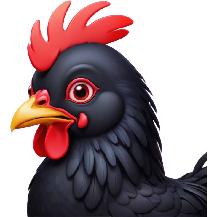 Cinematic Cute Black Chicken Portrait Emoji, Head tilted playfully and inquisitively, featuring sleek, lustrous black feathers and a vibrant red comb, round, sparkling beady eyes filled with curiosity, Simplified yet irresistibly adorable features, highly detailed, glowing with a warm, friendly glow, high shine, affectionate and lively, stylized with a touch of whimsical charm, bright and endearing, soft glowing outline, capturing the essence of a mischievous yet loving chicken, so playful it feels like it could peck out of the screen and into your arms! emoji