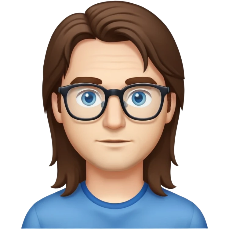 Man with long brown hair, blue eyes with glasses emoji