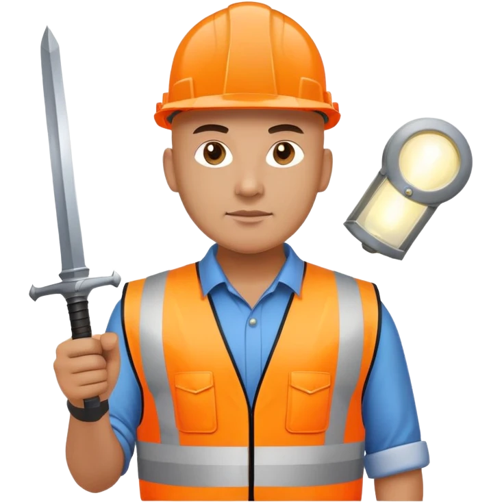 Bald Telecoms engineer in orange hi vis with white hard hat (with lamp) and sword emoji