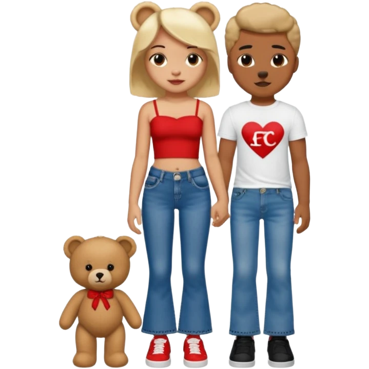 A boy and a girl teddy bear for the boy bear put on true religion shirt and jeans with black shoes and for the girl put flare jeans and a red tube top and white shoes just bears not the humans  emoji