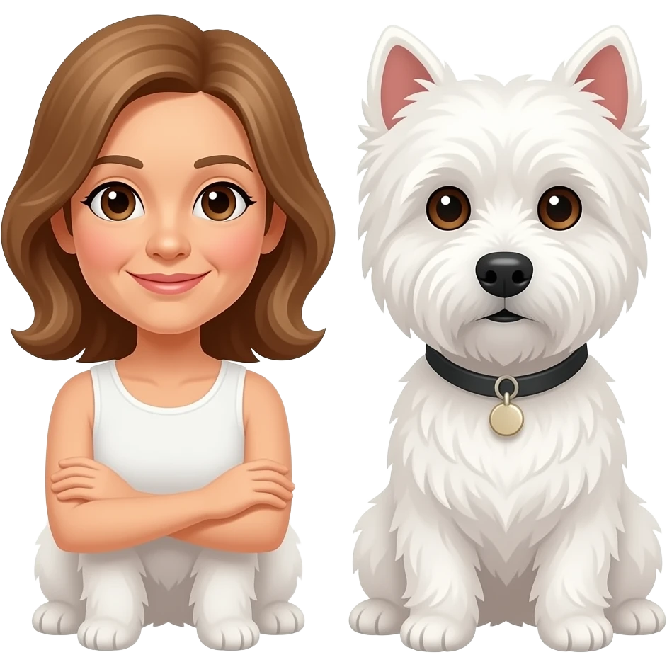 Middle age woman brown eyes , shoulder length light brown hair, with a female westie and a male westie emoji