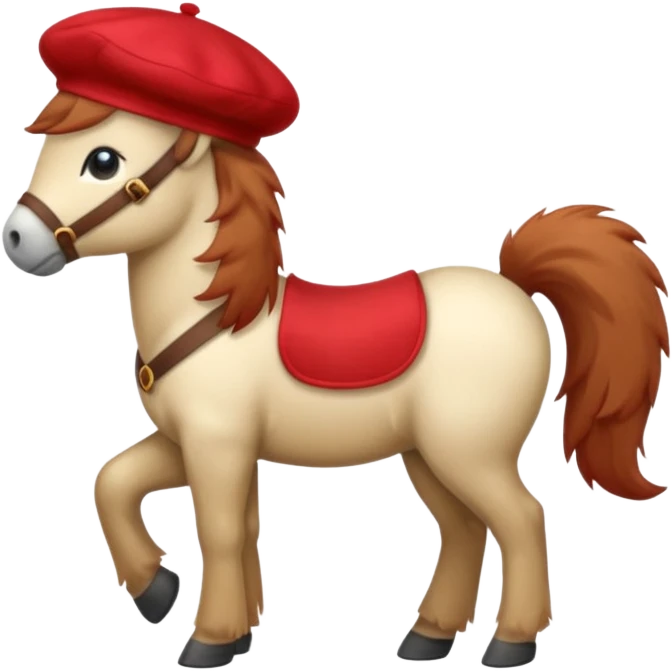 A cute pony (horse) emoji, full body, standing in side view, wearing a stylish red beret. emoji