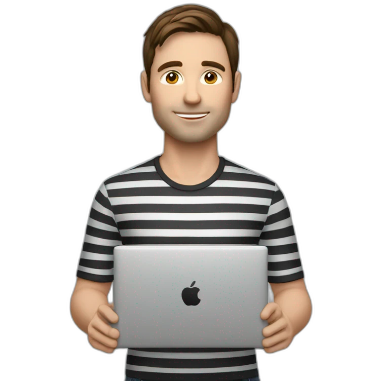 man with brown hair, striped shirt with black and white while holding laptop in front emoji