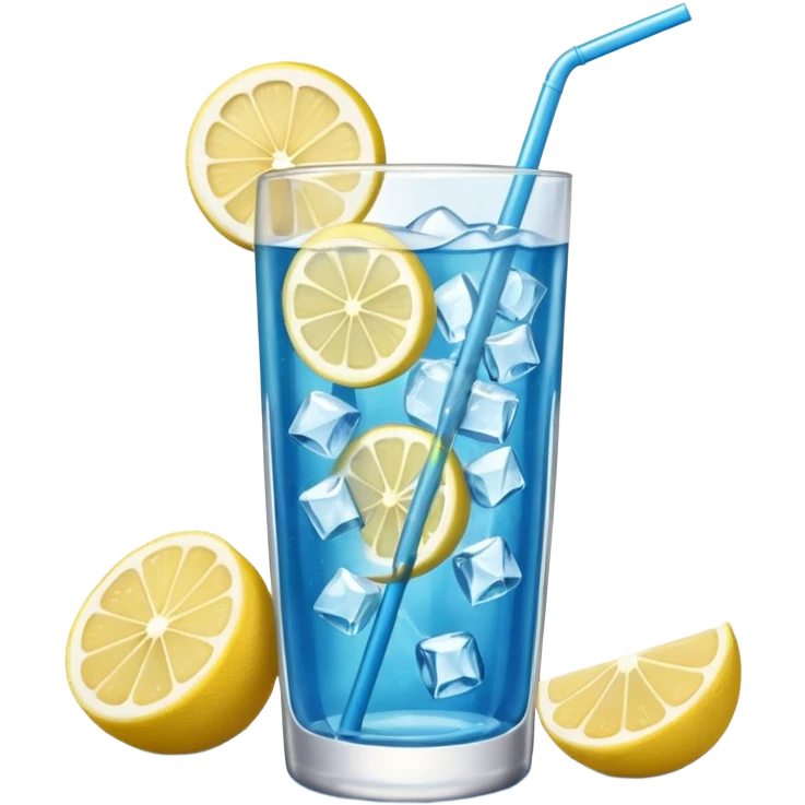 A tall glass of blue lagoon with lemon slices, ice cubes, and a curved straw.
 emoji