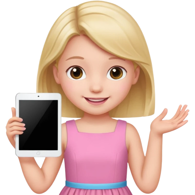 kid girl hold a tablet, pink dress emoji