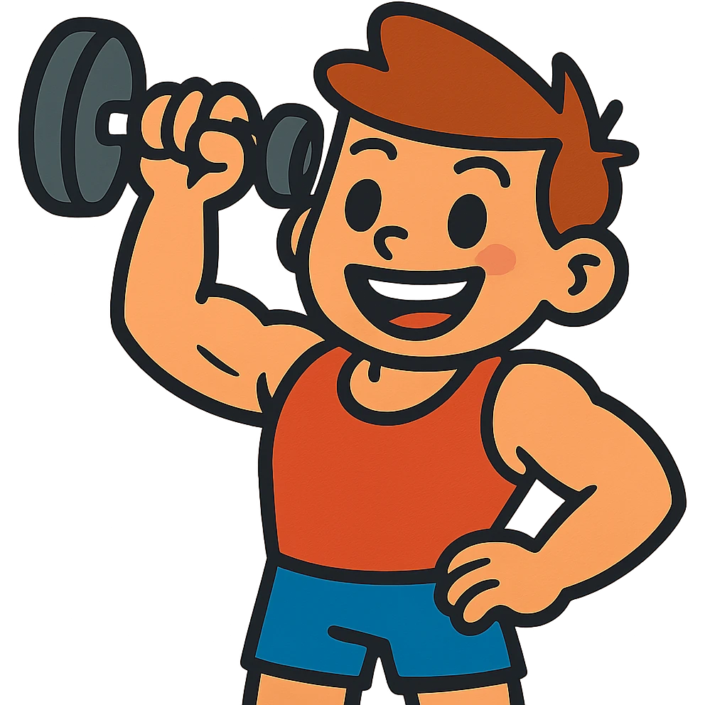 strong kid lifting a dumbbell, cheerful, vibrant colors, cartoon style emoji