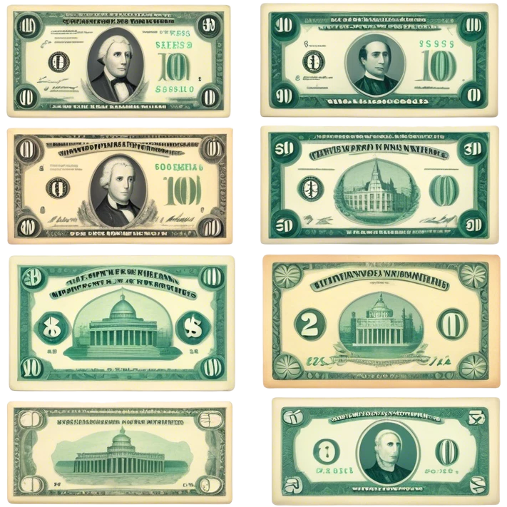 Icon for Banknote Collecting: a collection of old, rare banknotes with intricate designs and historical significance, stacked or displayed in an album. The icon should evoke the fascination with collecting currencies from different eras and countries. Transparent background. emoji