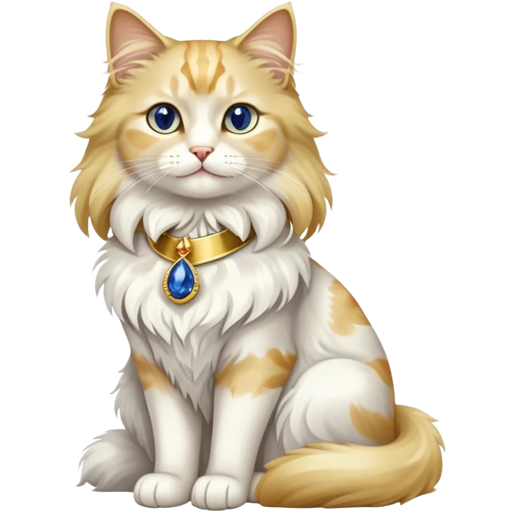 Fancy white fluffy long-haired sophisticated elegant sitting pet cat with a gold-sapphire collar (full body)  emoji