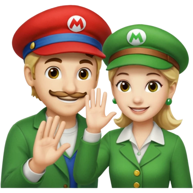 blonde female Luigi (with the Luigi green hat) and a normal brown hair male Mario with the red hat. They are friends! Maybe highfiving or just smiling emoji