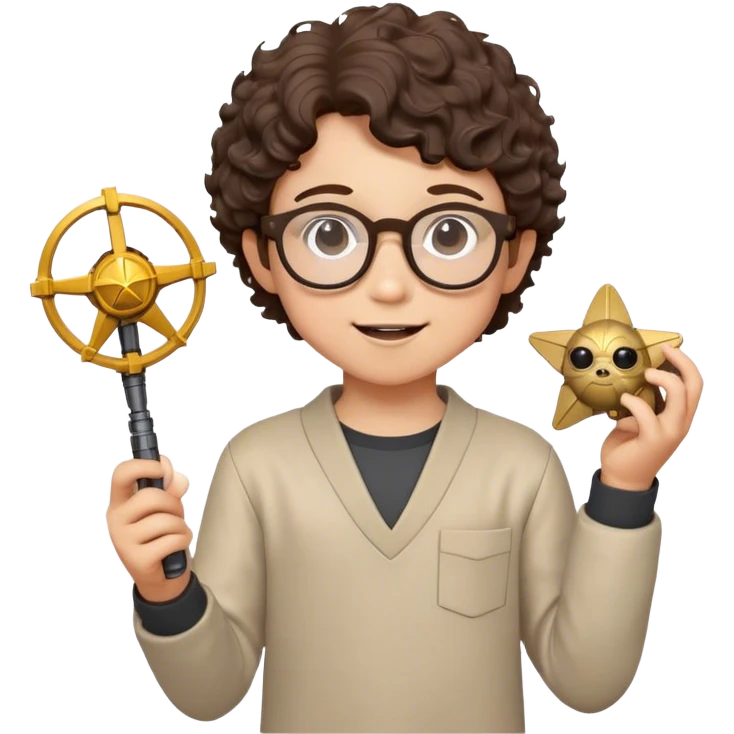 A young boy with short curly brown hair, round glasses, and a light complexion, joyfully holding a Star Wars action figure in his hand. emoji