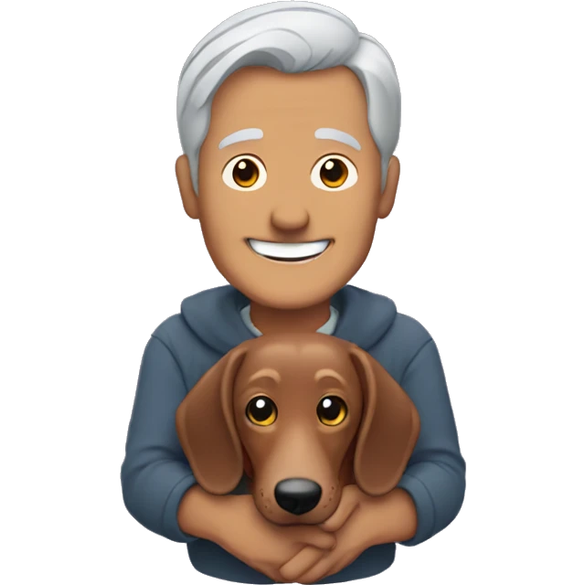  man with grey hair smiling holding a dachshund in his arms emoji
