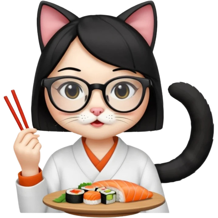 cute girl cat with straight hair and really big square glasses with super thin frames eating sushi emoji