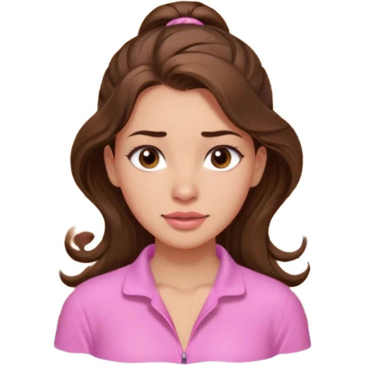 girl with wavy long ponytail brown hair, brown eyes, light to medium complexion, long lashes, light pink lipstick, wearing light pink shirt, in a sauna emoji