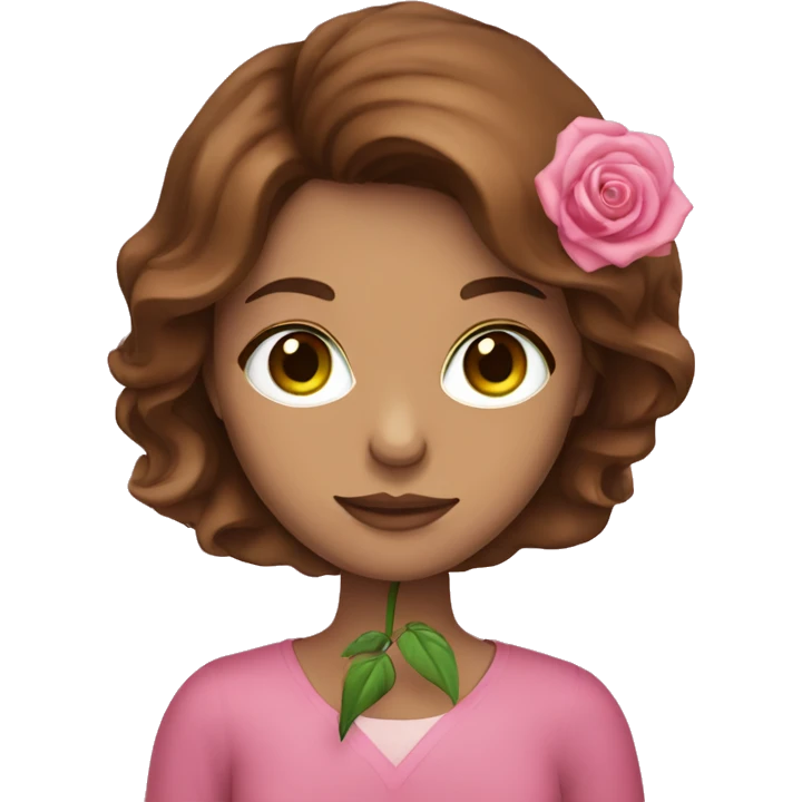 Green eyed brown hair woman holding pink rose emoji