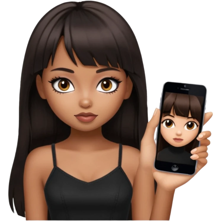 generate a pretty bratz girl in black cami top, dark brown straight long hair with bangs, eyeliner on, dark brown eyes emoji