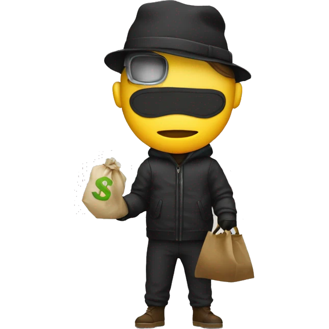 thief with a bag of a bank in his hand, mask and hat, almost medium body  emoji