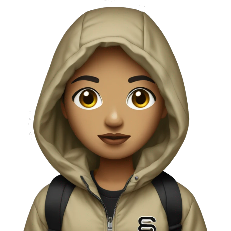 girl with light brown skin, short and black hair, black eyes in windbreaker “stussy” emoji