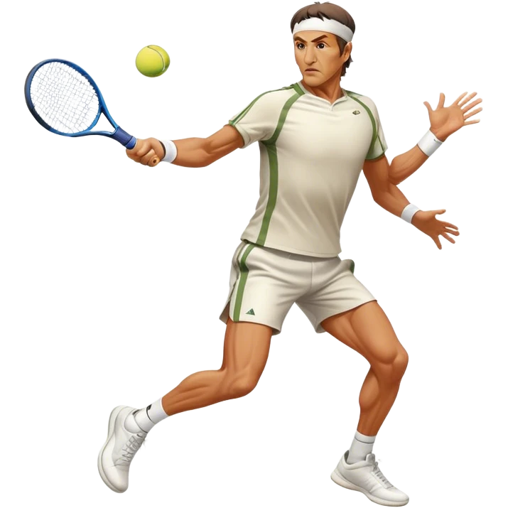 Cinematic Realistic portrait of Goran Ivanišević, depicted as an iconic tennis player in dynamic motion with detailed athletic gear and intense focus, illuminated by bold stadium lighting that accentuates his competitive spirit. emoji