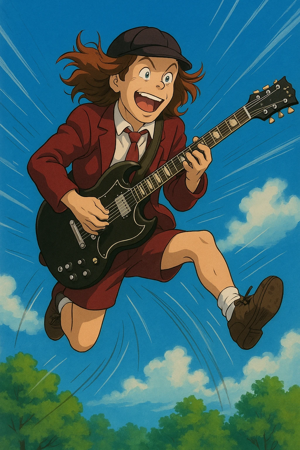 Angus Young in classic school uniform, mid-jump, with guitar, ghibli-inspired style emoji
