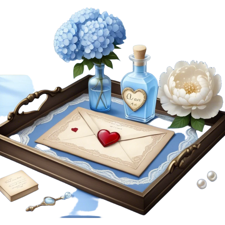 On a lace-trimmed tray rests an ornate glass bottle filled with a soft blue love potion, next to an aged love letter sealed with a wax heart. A delicate pearl butterfly gently perches on the edge of the envelope, while petals of white peonies and pale blue hydrangeas are scattered around. emoji