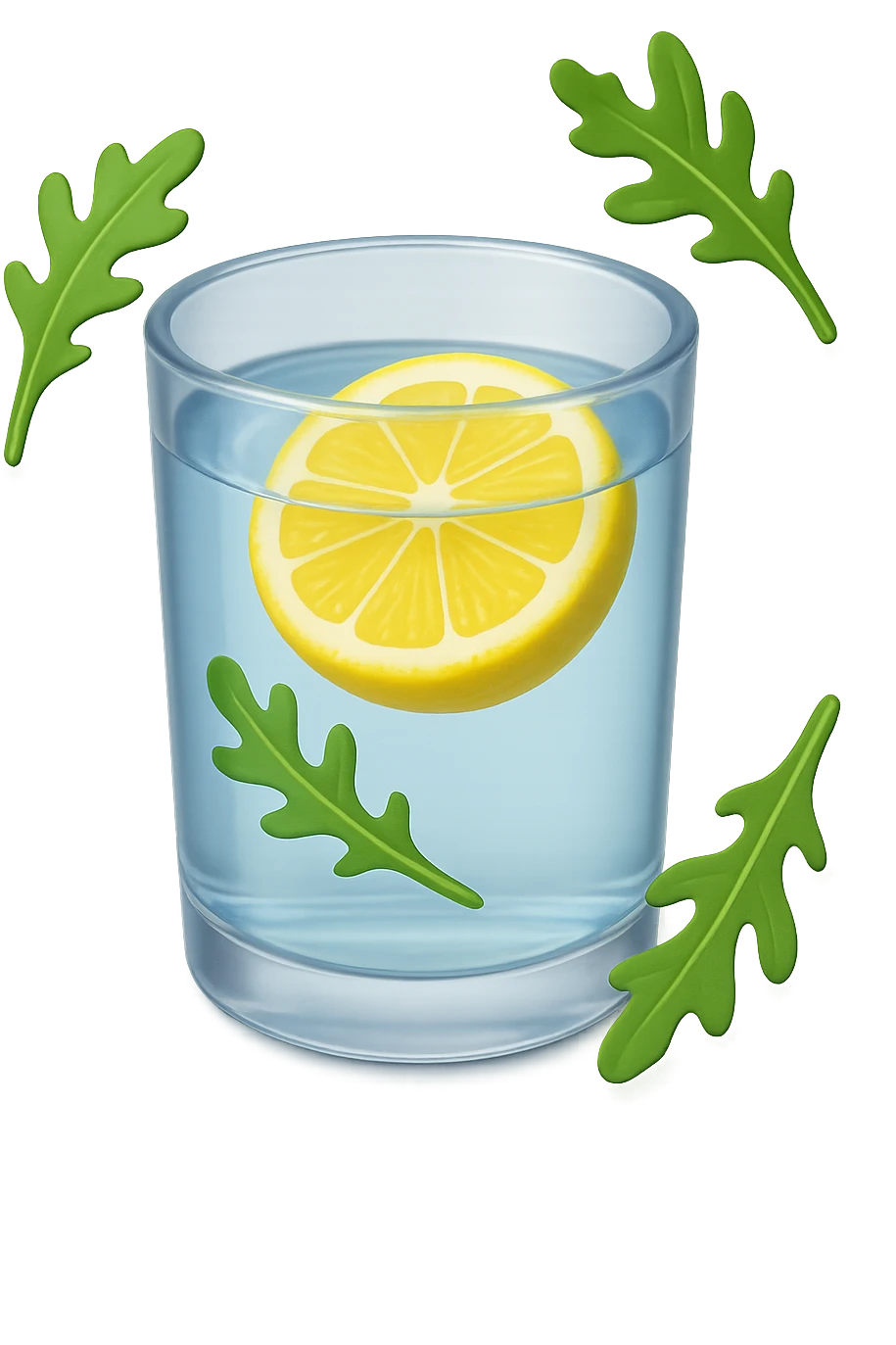 emoji stile iphone 3d di un bicchiere di acqua con limone e qualche foglia di rucola che fluttua intorno in aria, iperrealistico 4k emoji