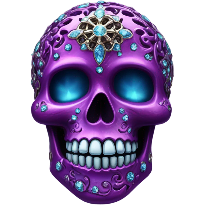 Realistic isolated metallic dark purple,magenta,light blue,and hot pink filigree super skull decorated with shiny diamonds and rhinestones.  emoji