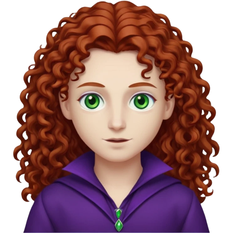 Armand with white skin, green eyes , long auburn curly hair, dark purple outfit emoji