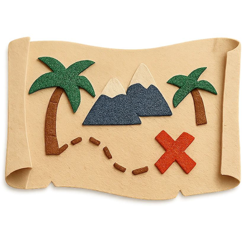 open treasure map with palm trees, mountains, and a red X, textured paper details emoji