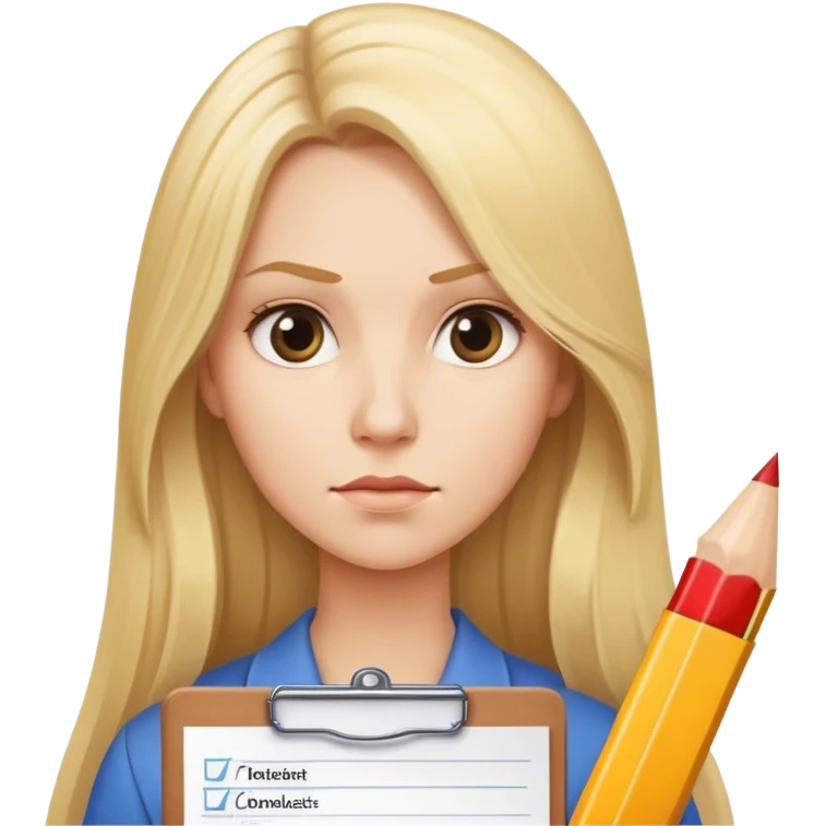 Woman with long blonde hair holding a checklist, looking serious at it emoji