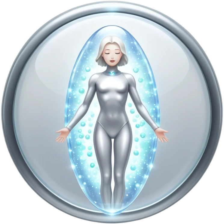 Silver capsule levitating among bright shining particles, with a translucent shield floating over an ethereal immune defense figure and a radiant thyroid gland in the background emoji